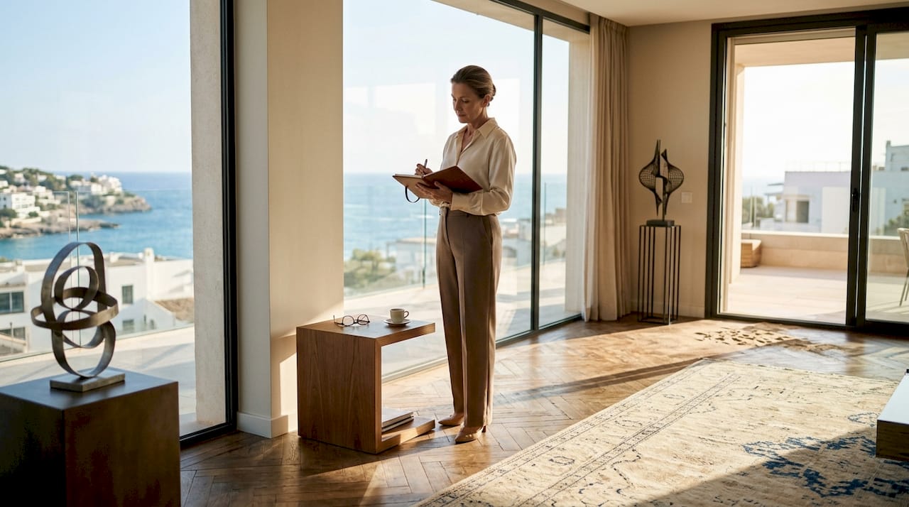 Consultant reviewing notes in Mallorca penthouse