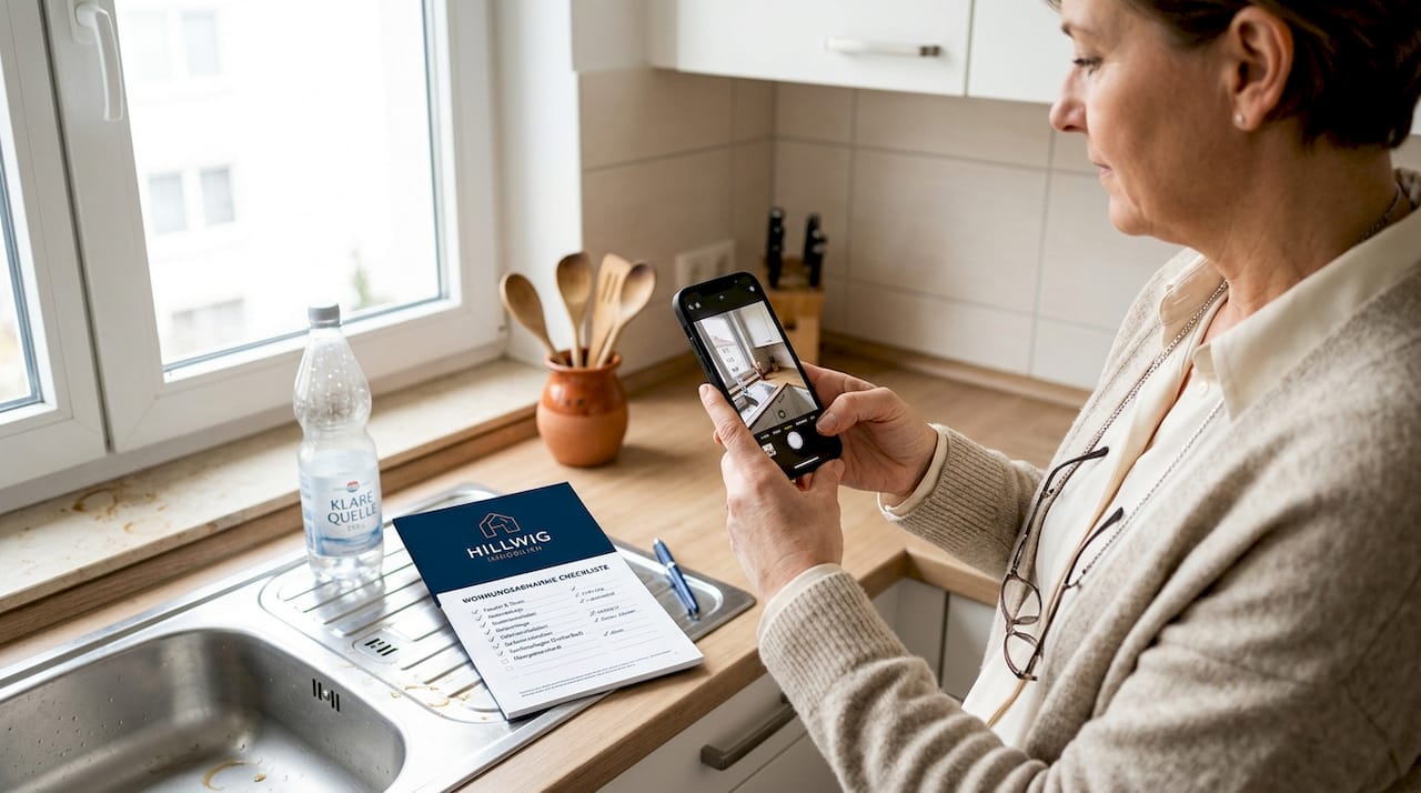Die Hausverwalterin hält den Zustand der Wohnung direkt vor Ort per Smartphone fest.
