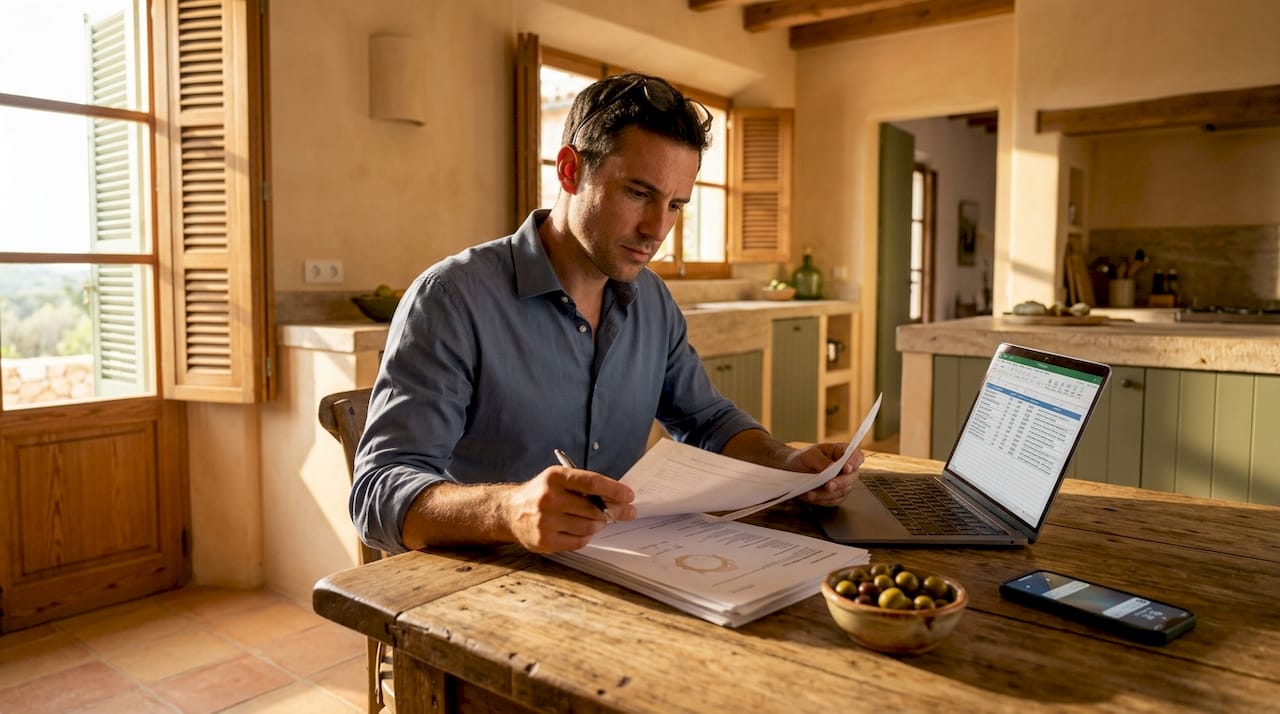 Home buyer reviews property documents at table