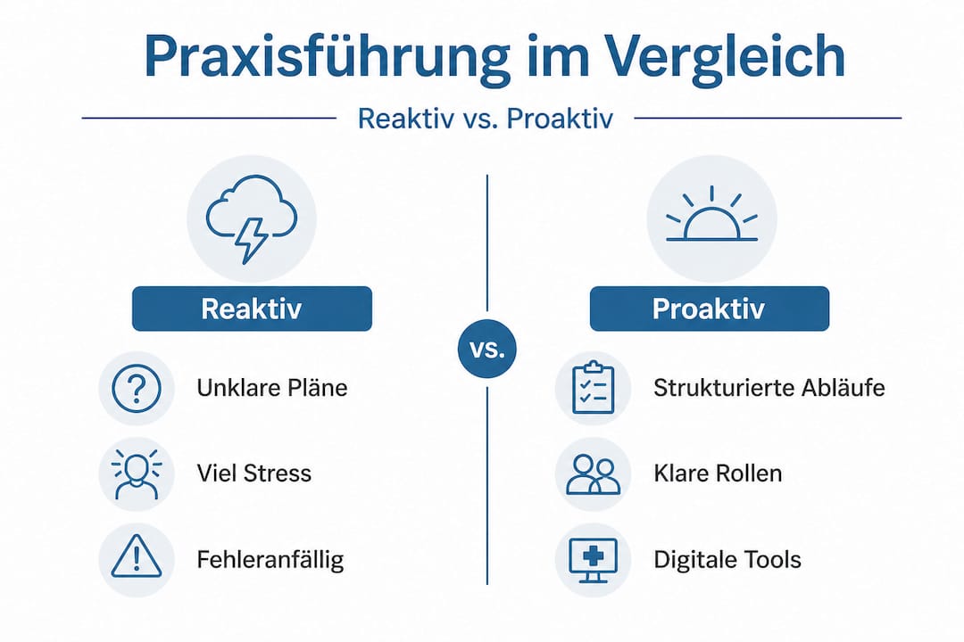 Infografik: Proaktive vs. Reaktive Praxisführung im direkten Vergleich