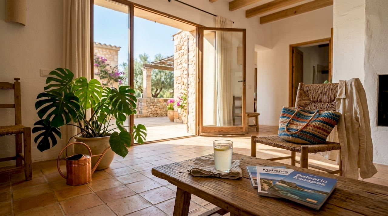 Expat woman in Mallorca home watering plant