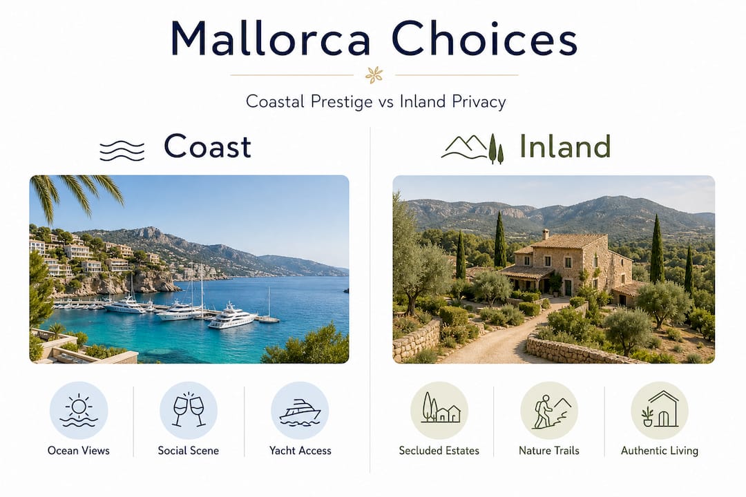 Infographic comparing Mallorca coast and inland living