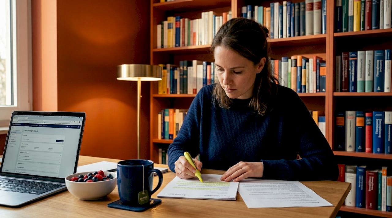 Eine Frau sitzt am Esstisch und verschafft sich einen Überblick über ihre finanziellen Rücklagen.