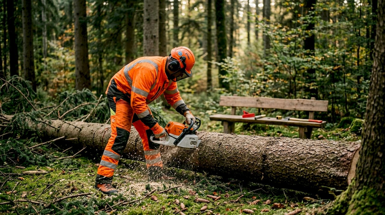 Am Waldrand fällt ein Forstarbeiter einen Baum.