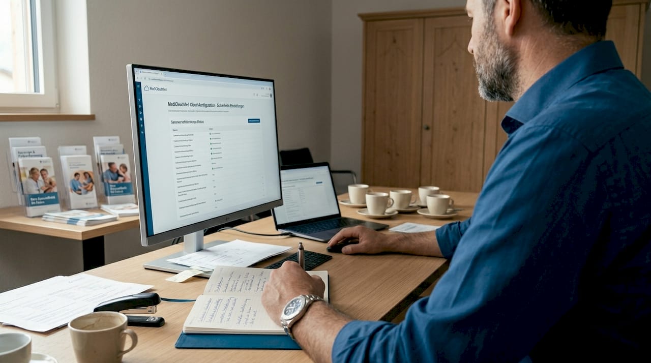 Ein IT-Experte nimmt die Sicherheitseinstellungen der Praxissoftware genau unter die Lupe.