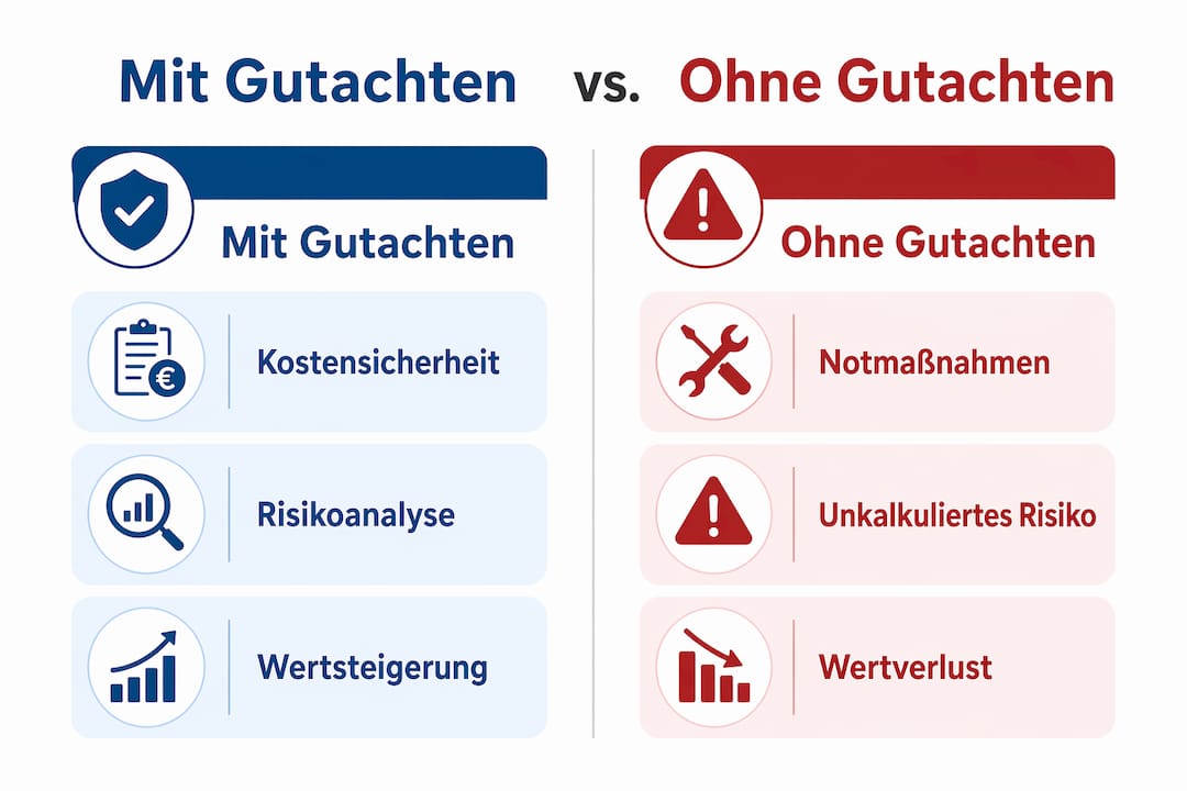 Vergleichsgrafik: Was ändert sich mit einem Baumgutachten – und was ohne?