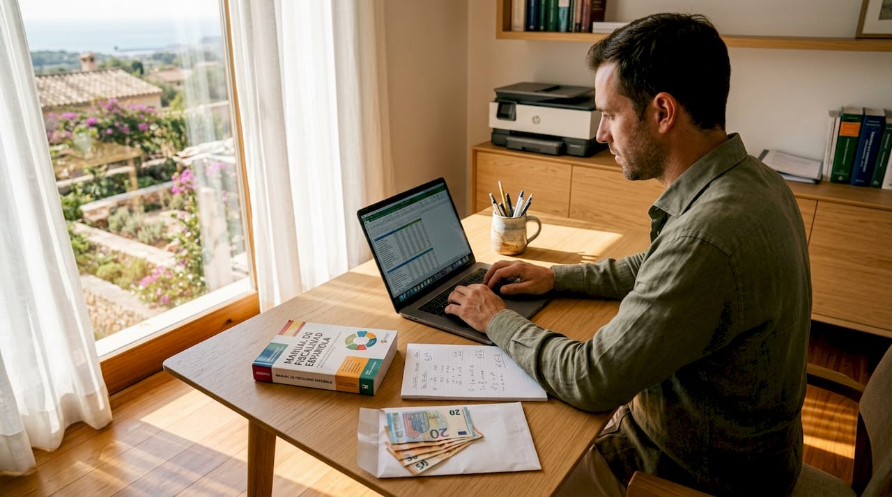 Tax adviser with Spanish documents at desk