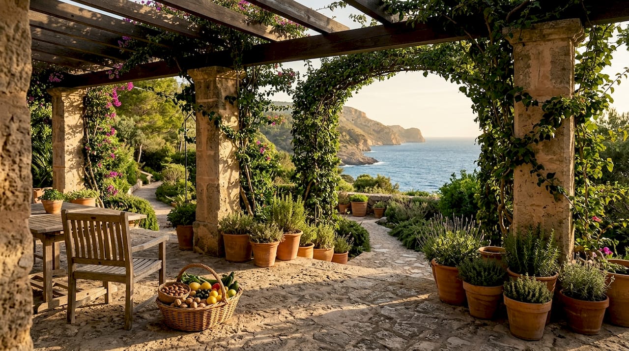 Couple at Mallorca villa terrace by sea