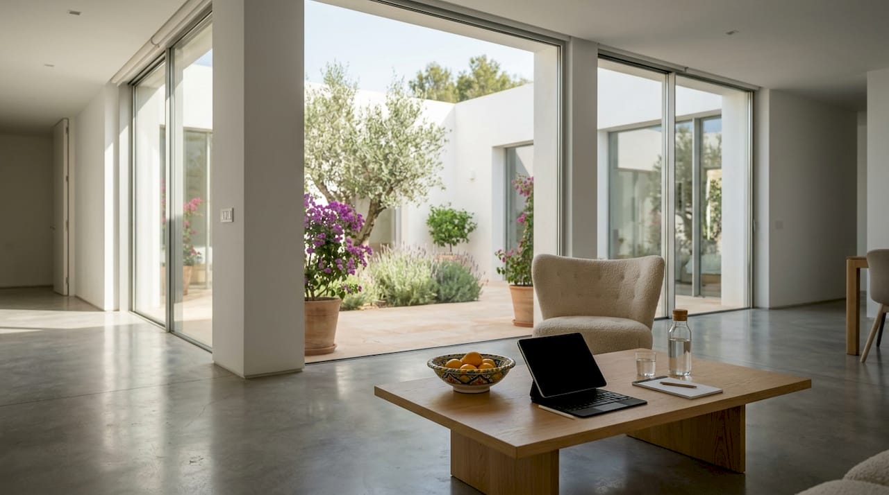 Buyer reviewing documents in modern Mallorca home