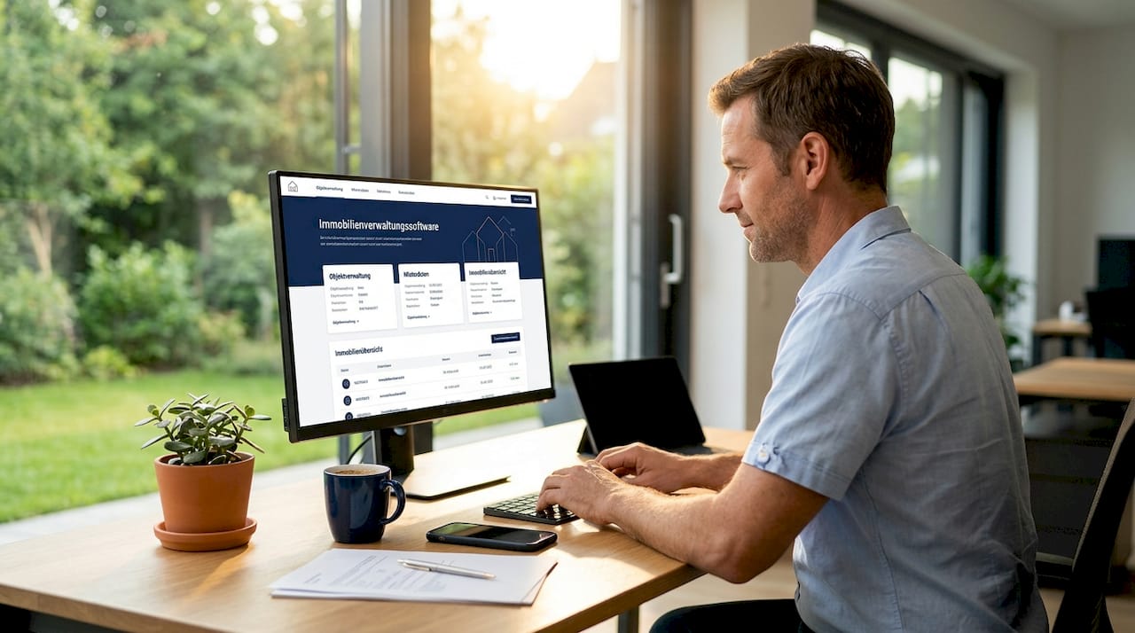 Ein Mann verwaltet Immobilien mithilfe digitaler Tools.