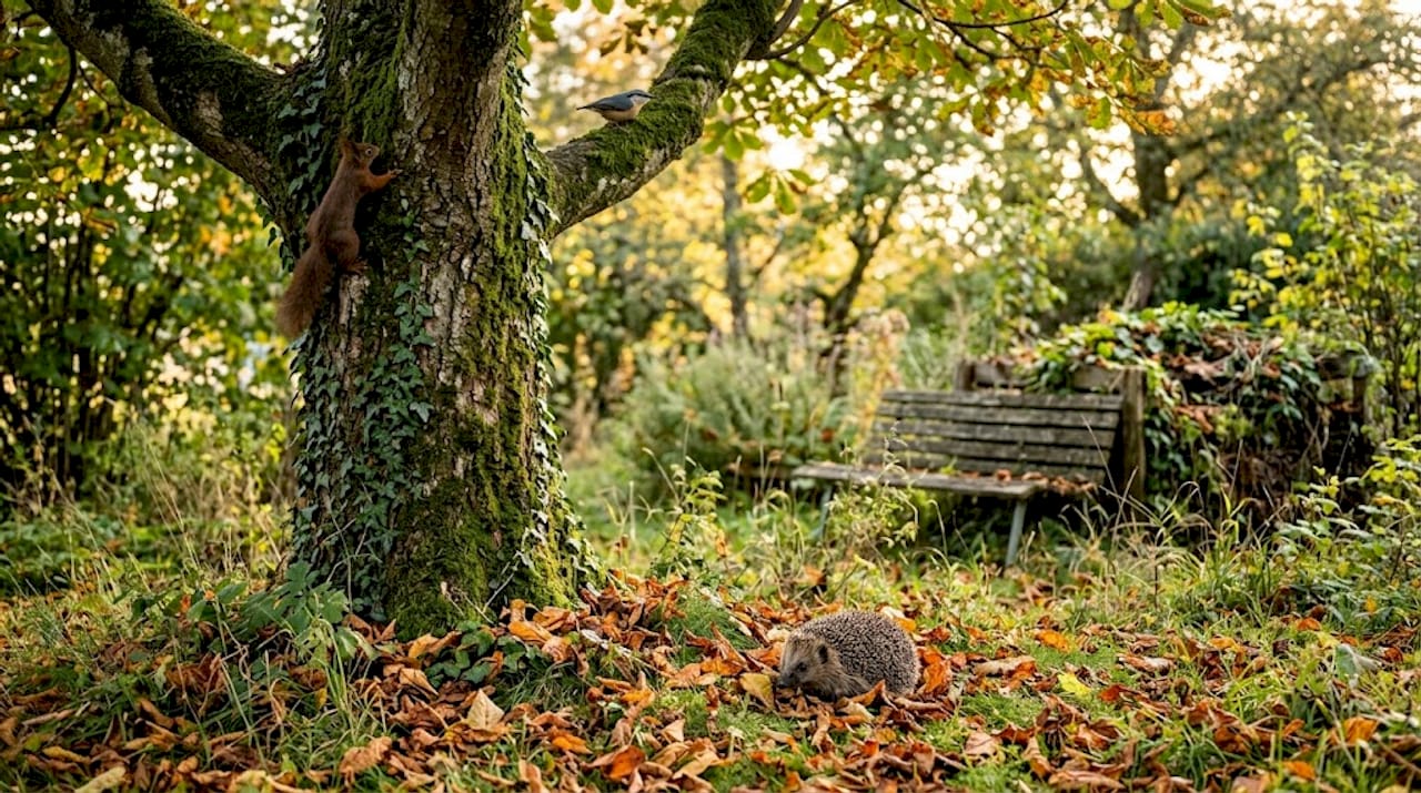 Eine alte Linde steht im Garten und bietet Lebensraum für zahlreiche Tiere. Zwischen ihren Ästen und im Totholz finden Vögel, Insekten und kleine Säugetiere einen geschützten Platz.