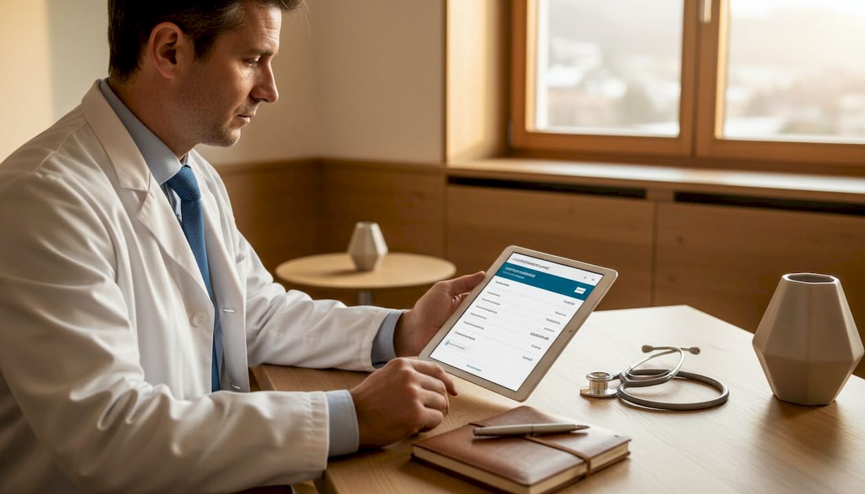 Eine Ärztin prüft die Abrechnungsdaten auf ihrem Tablet.