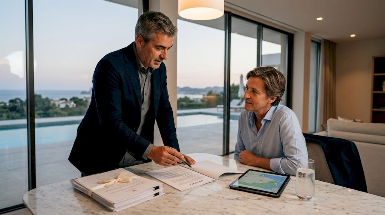 Estate agent explaining property contract at table