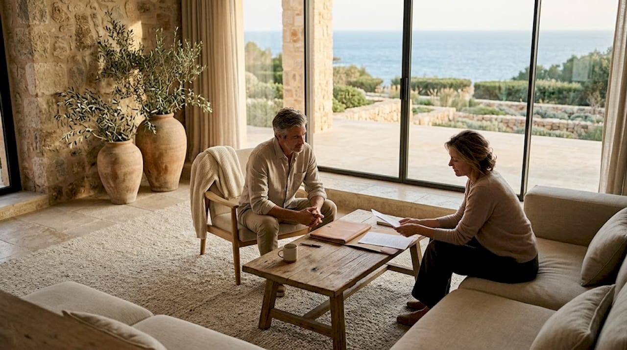 Couple reviewing documents in Mallorca villa living room