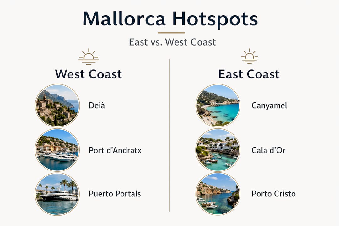 Infographic comparing top Mallorca luxury areas east vs west