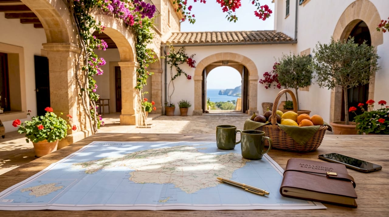 Couple planning Mallorca trip at kitchen table