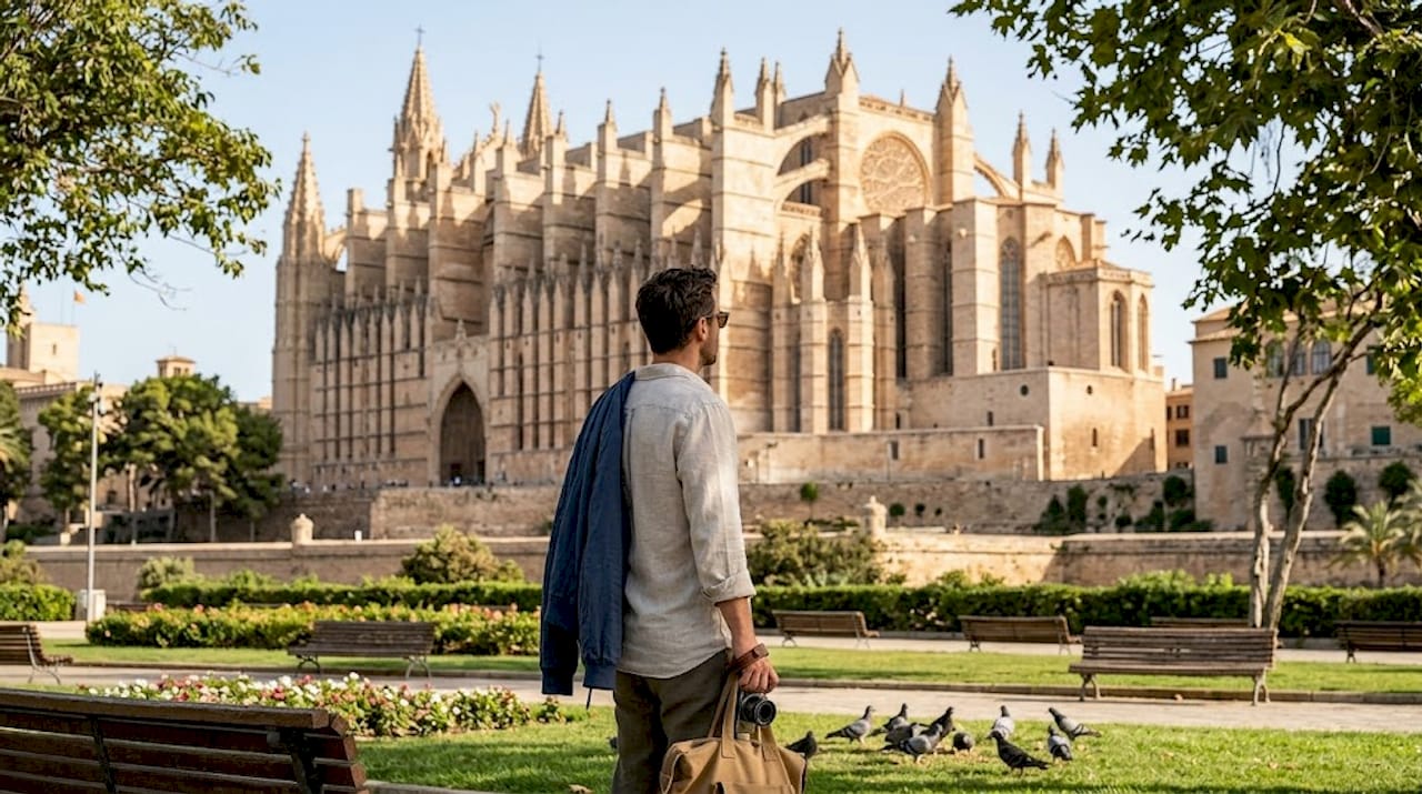 Traveler viewing Palma Cathedral in morning