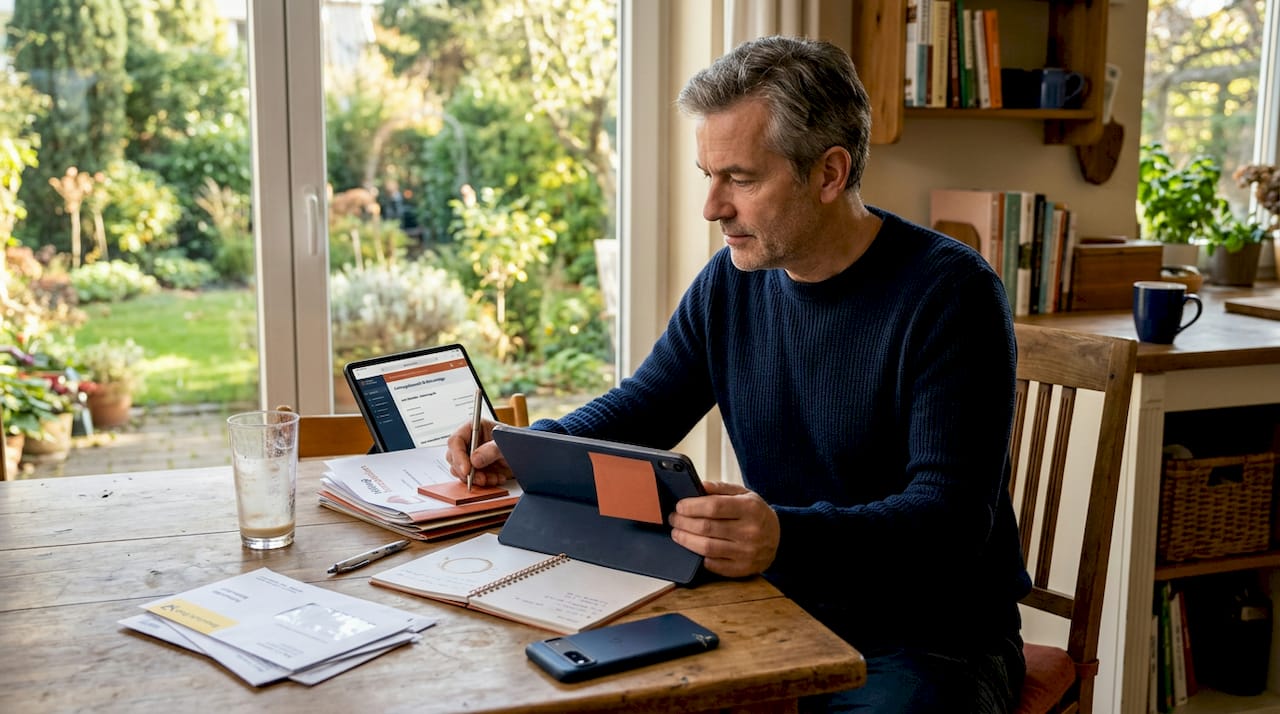 Der Besitzer erledigt seine Arbeit am Tablet in der Küche.