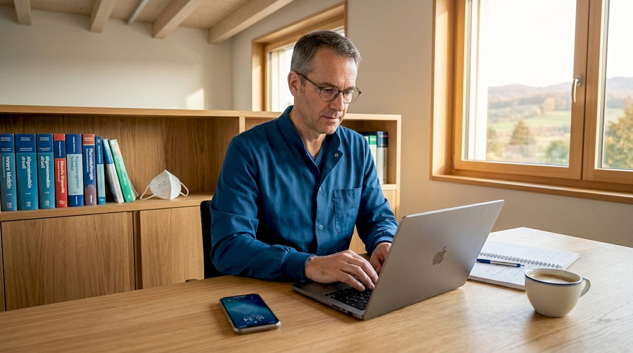 Der Arzt nutzt moderne digitale Technologien in seiner Praxis, um effizienter arbeiten zu können.