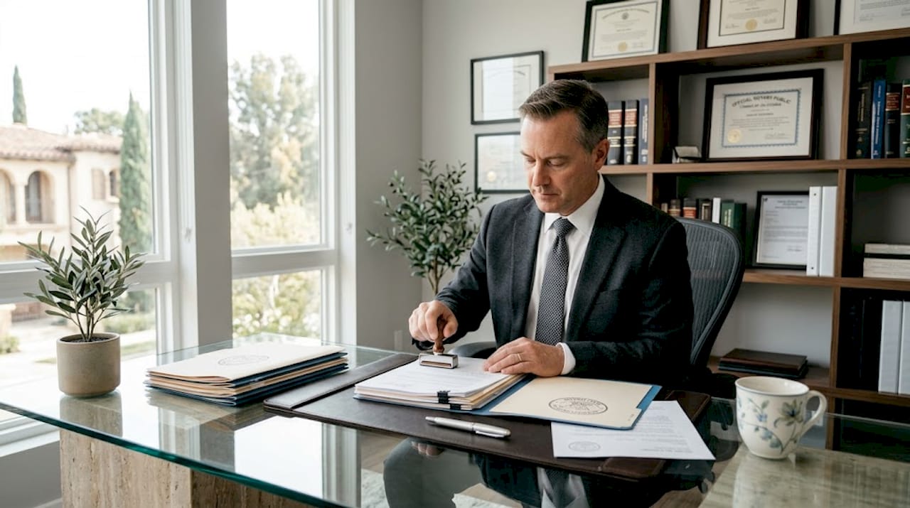 Notary stamping property paperwork Mallorca office