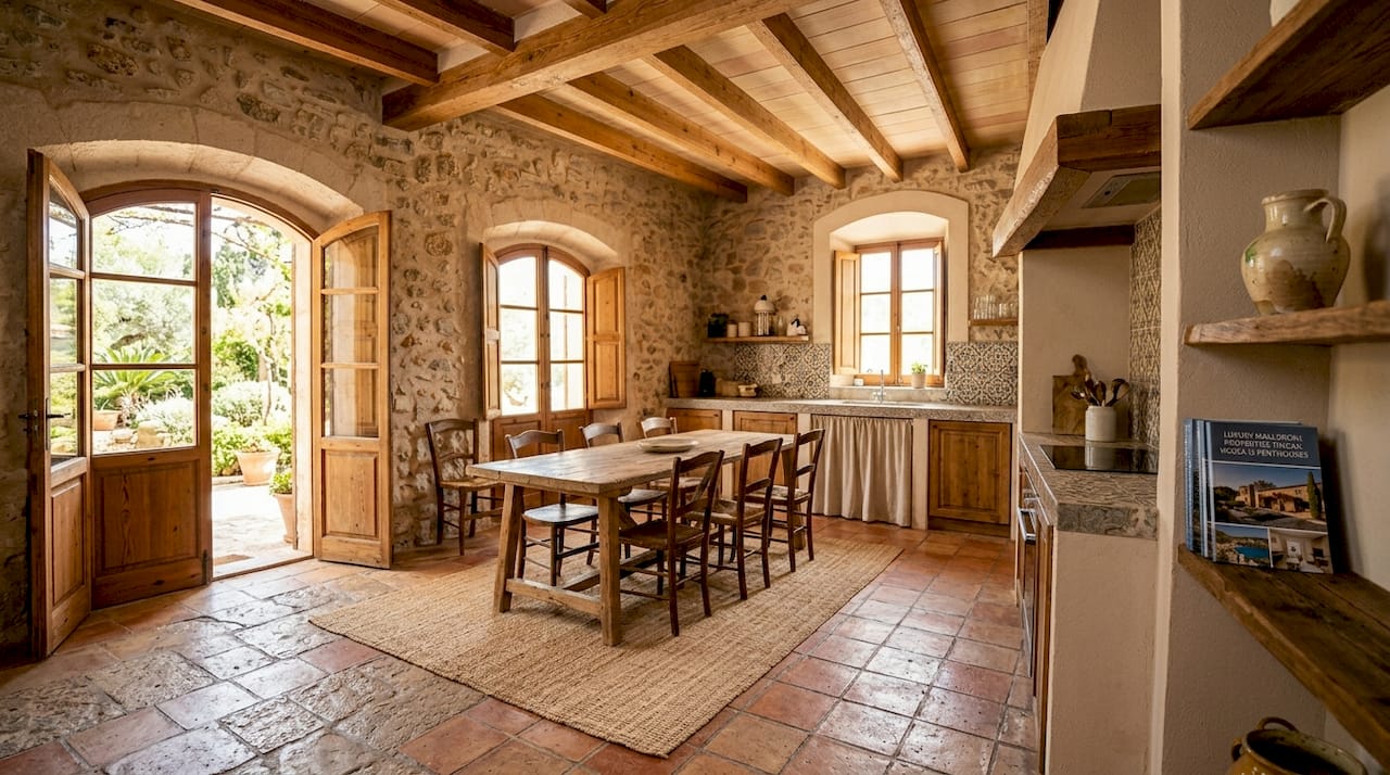 Clients touring interior stone finca with agent