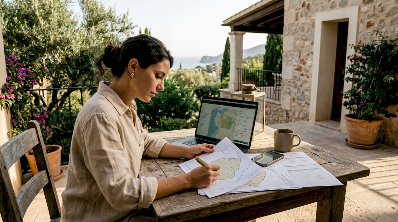 Woman reviews Mallorca zoning paperwork at kitchen table
