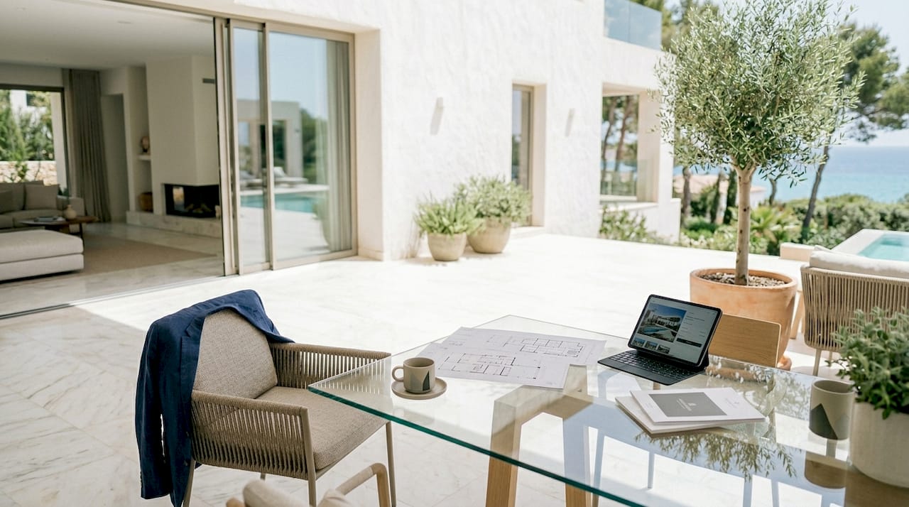 Consultant reviews villa floor plans with client