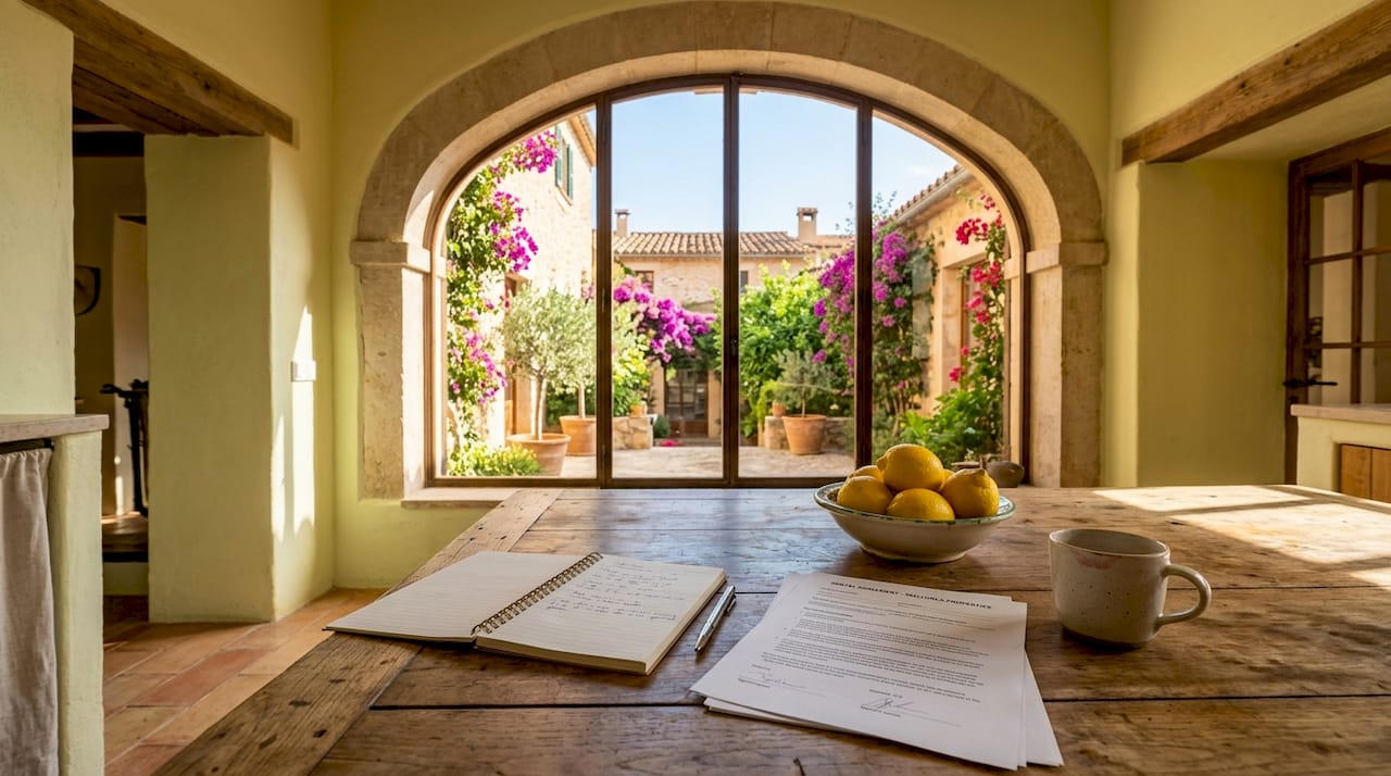 Woman reviewing rental paperwork at kitchen table