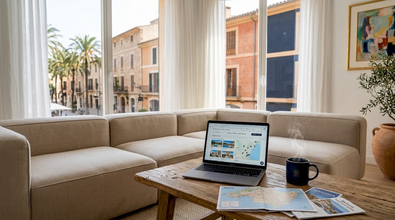 Couple searching Mallorca apartments in living room