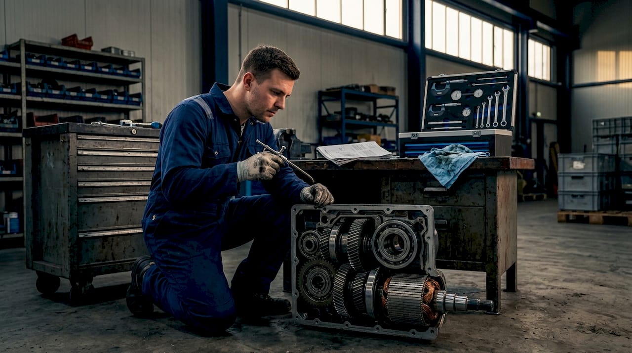 Technician inspecting gearbox and lubrication process