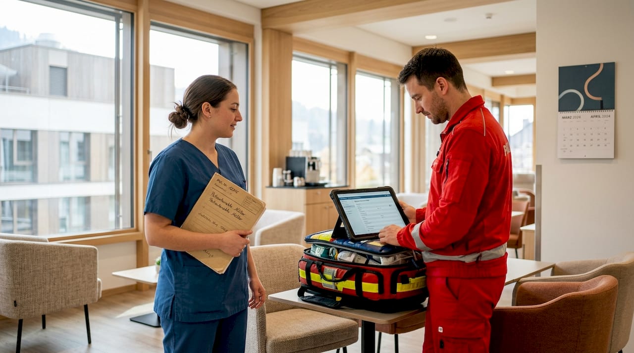 Ein Notfallsanitäter übermittelt Patientendaten direkt vom Tablet an die Klinik.