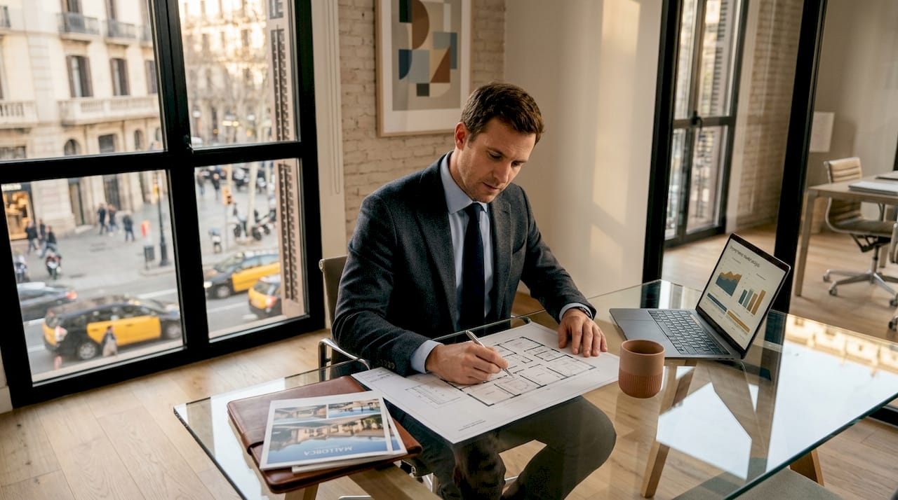 Estate agent reviewing property documents in Spanish office