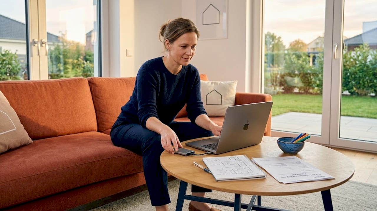 Eine Frau sichert ihre Daten am Laptop, indem sie digitale Backups anlegt.