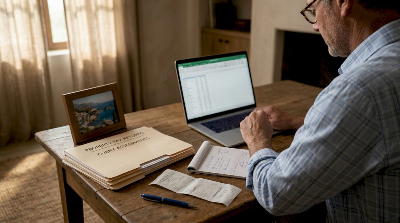 Tax adviser reviewing property tax documents