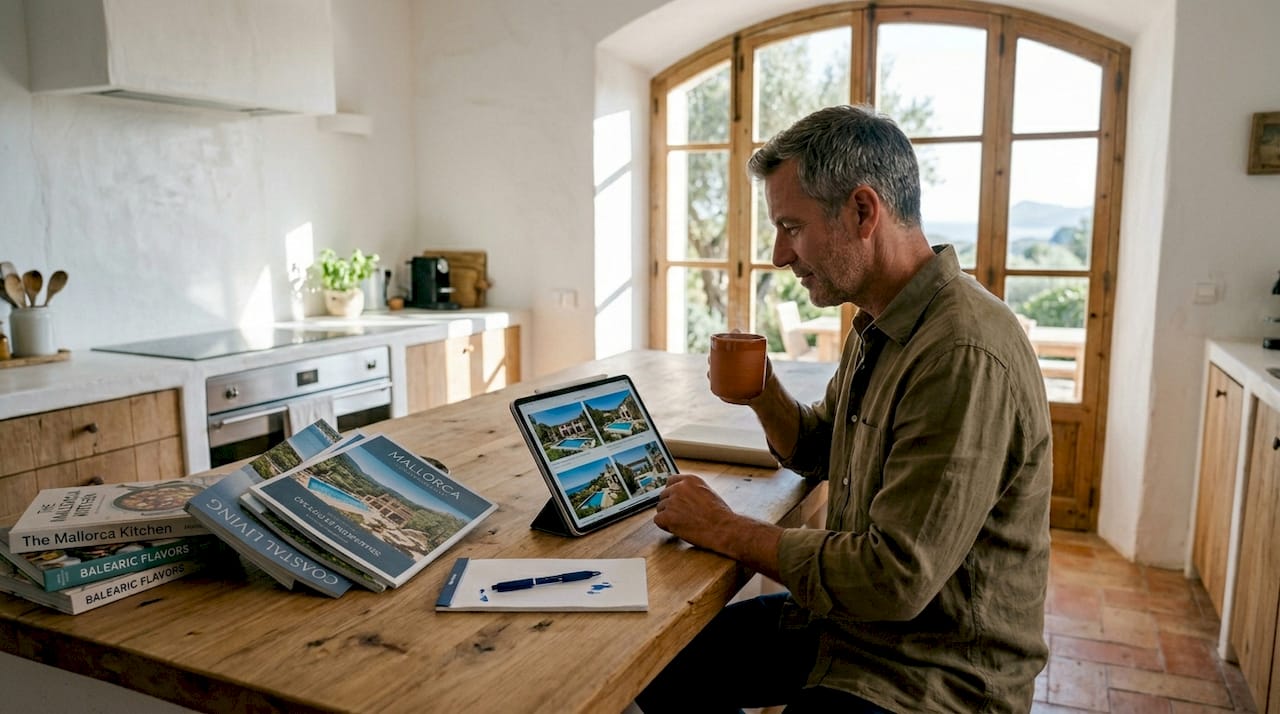 Buyer reviewing Mallorca property options at home