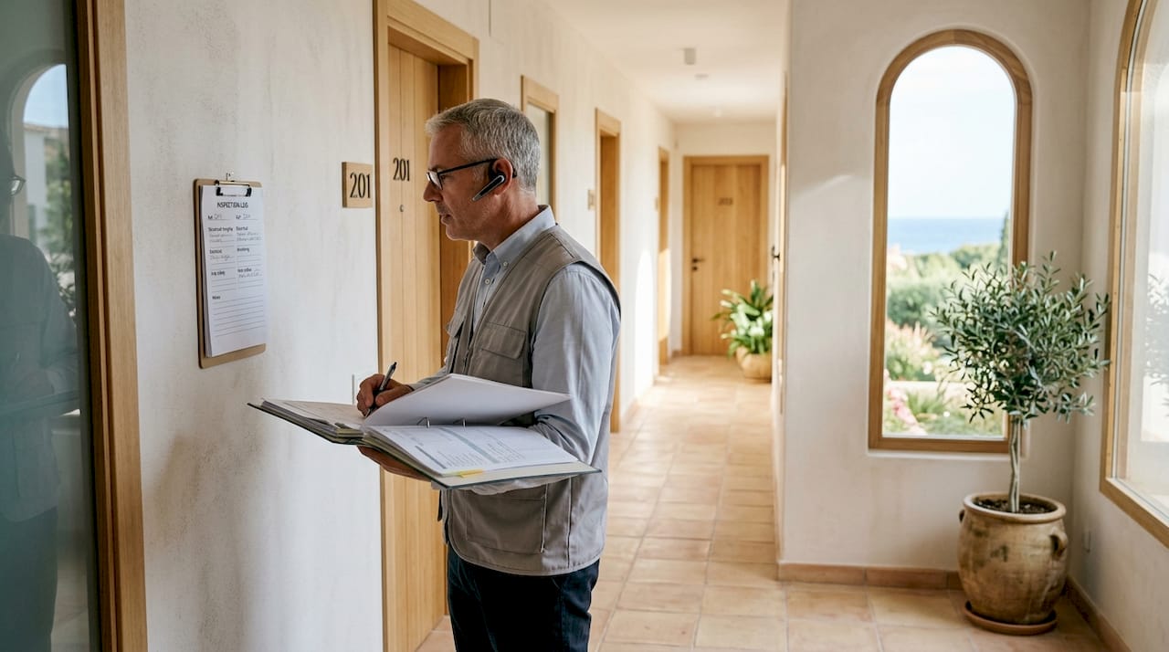 Building inspector reviewing compliance checklist at apartment