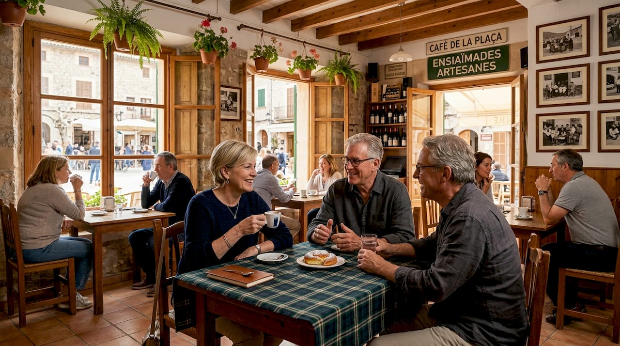 Outdoor café with expatriates socializing in Mallorca
