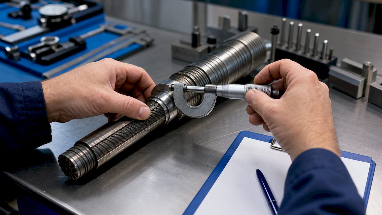 Close-up of hands measuring steel shaft diameter