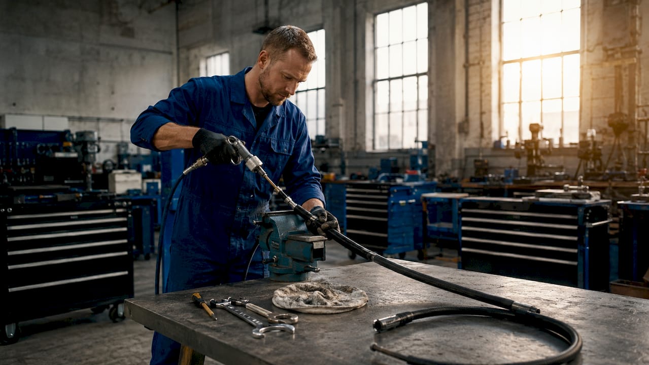 Mit der Fettpresse wird die biegsame Welle sorgfältig von Hand geschmiert.