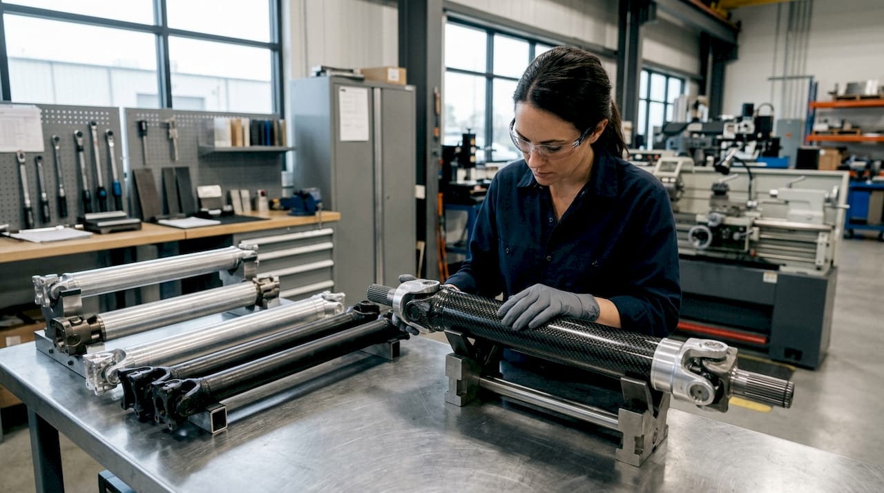 Hands selecting carbon fiber drive shaft sample