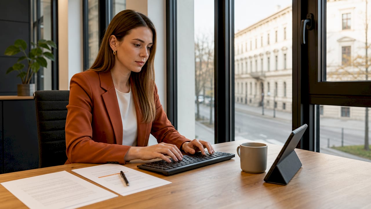 Eine Frau gibt Daten in eine KI-gestützte Verwaltungssoftware ein.