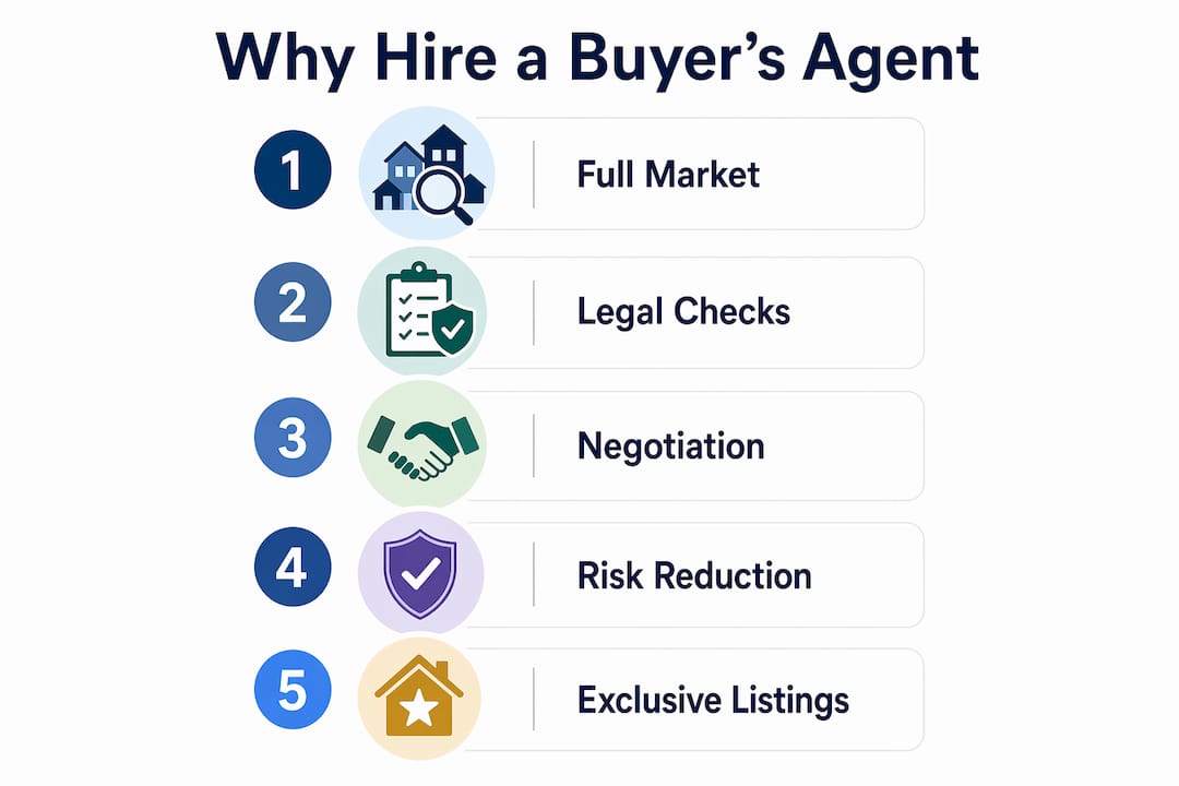 Infographic illustrating steps of buyer's agent benefits