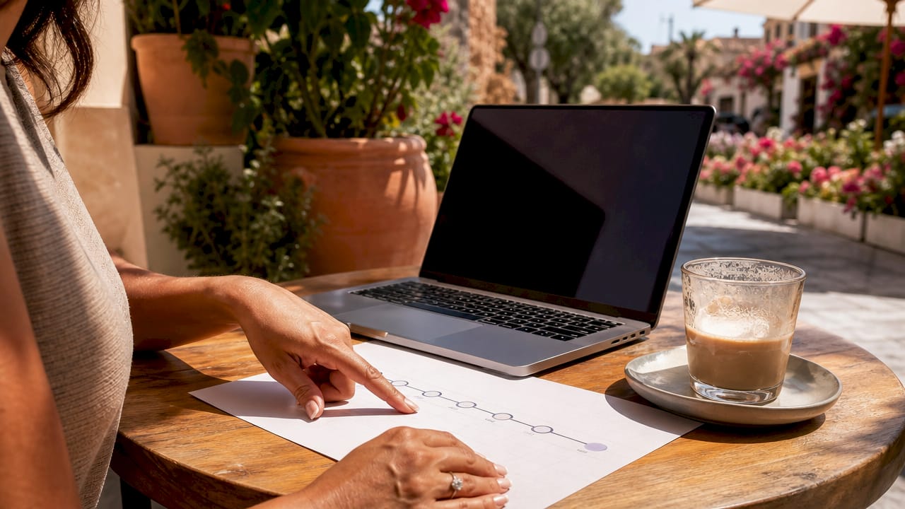 Investor hands pointing at licensing timeline printout