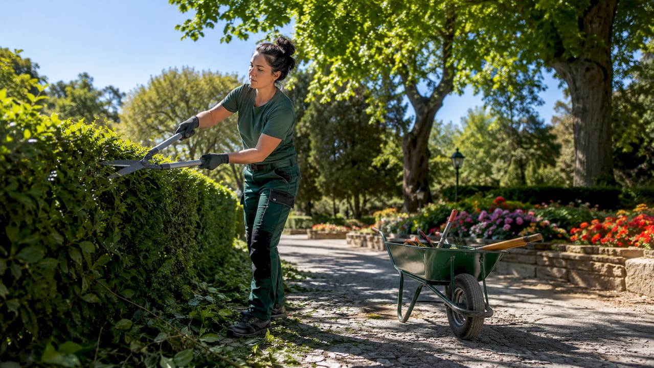 Ein Hausmeister schneidet draußen die Hecke zurecht.