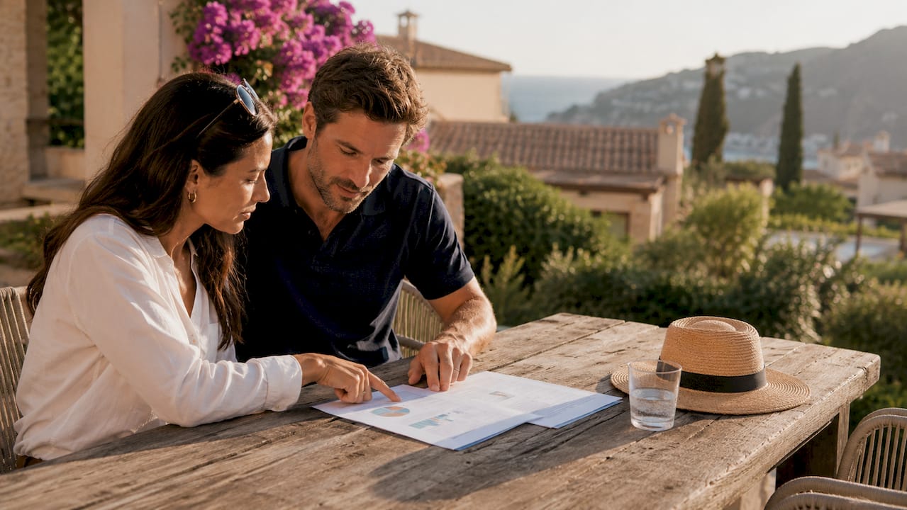 Couple reviewing property appraisal report in Mallorca