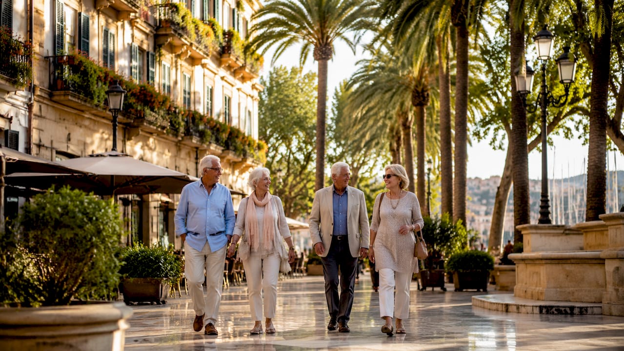 Retirees socializing in Palma city plaza