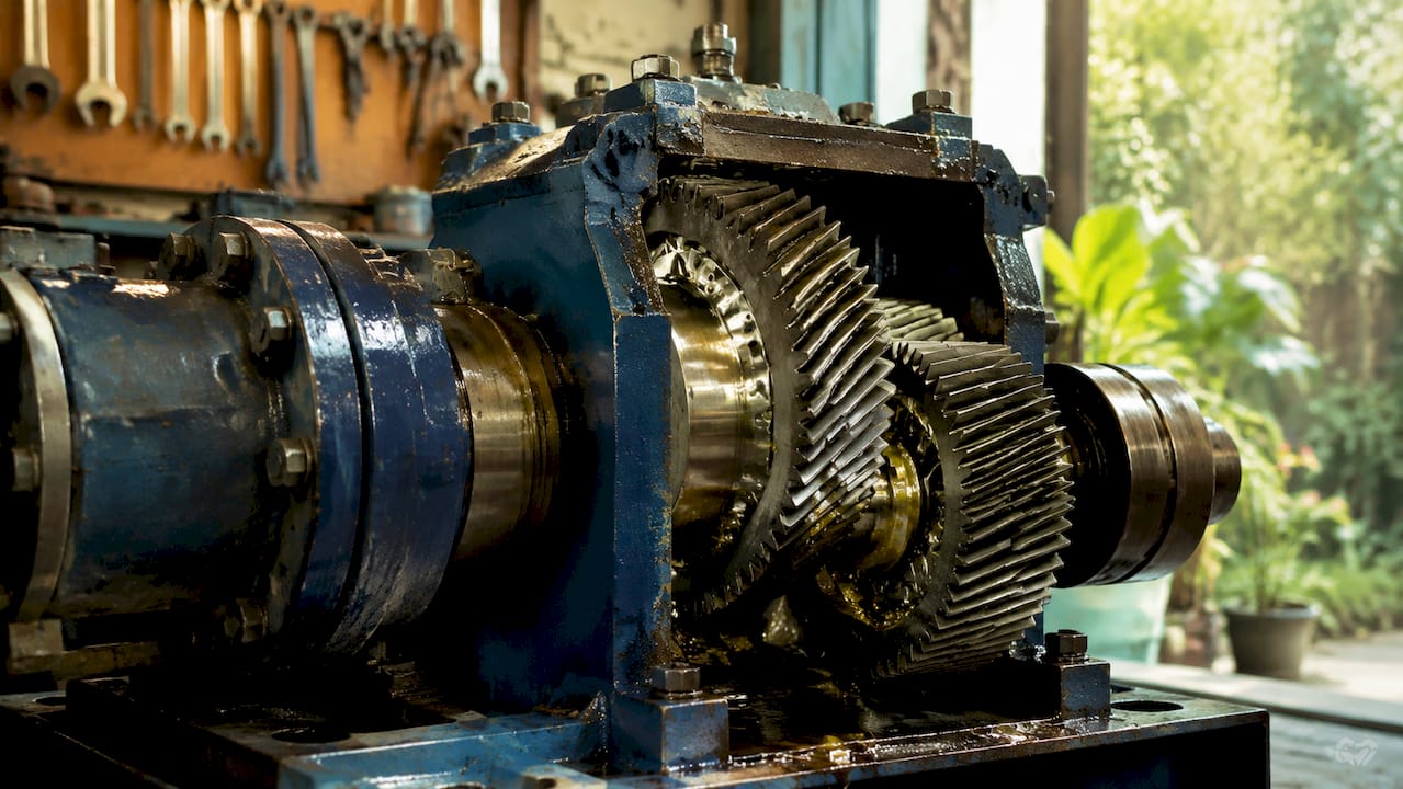 Close-up of industrial helical gear drive