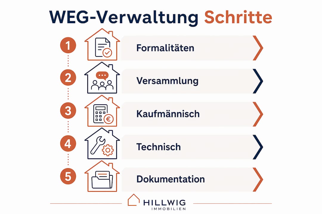 Übersicht: Die fünf wichtigsten Schritte in der Verwaltung einer Wohnungseigentümergemeinschaft (WEG)