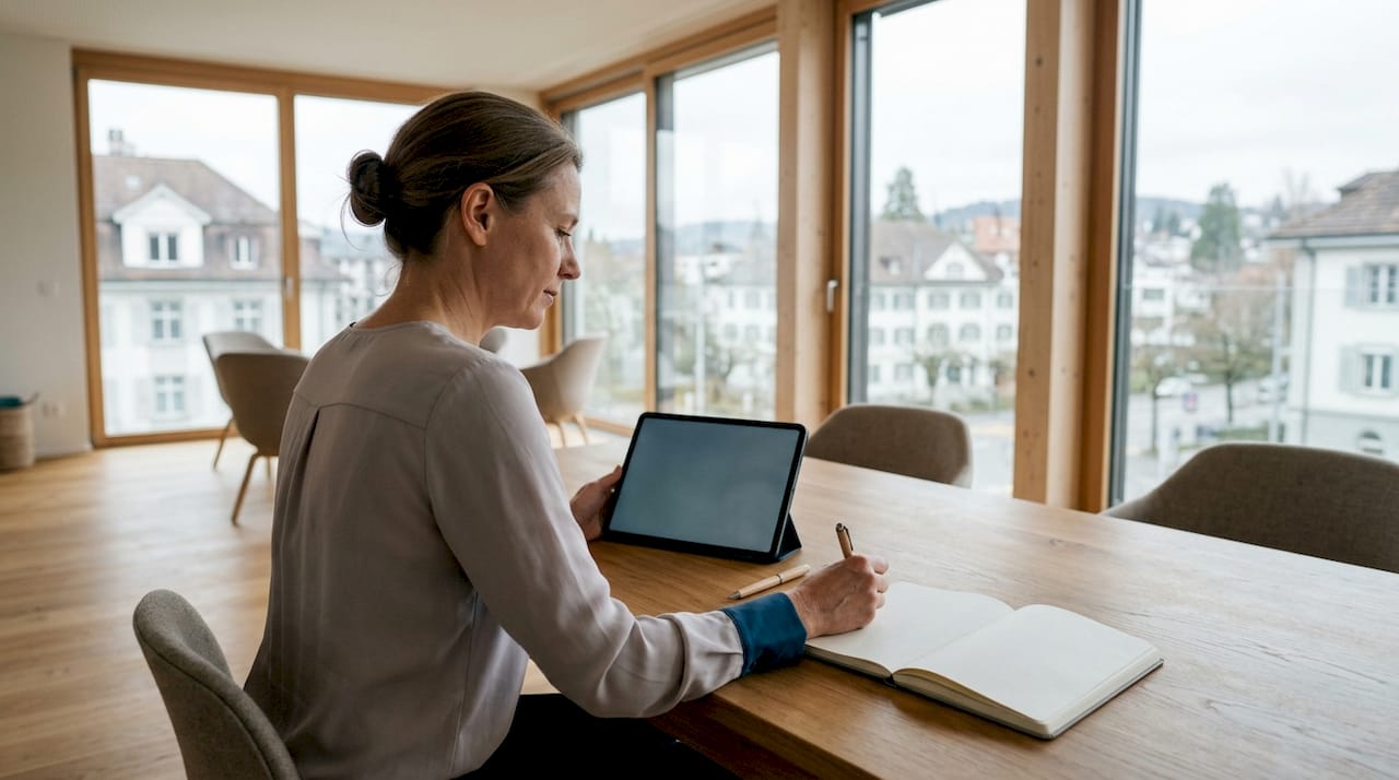 Konzentriert arbeitet die Therapeutin mit ihrem Tablet.