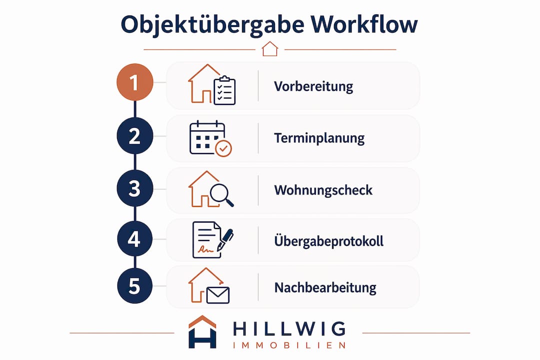 Die Infografik veranschaulicht den Ablauf einer rechtlich abgesicherten Übergabe von Immobilien.